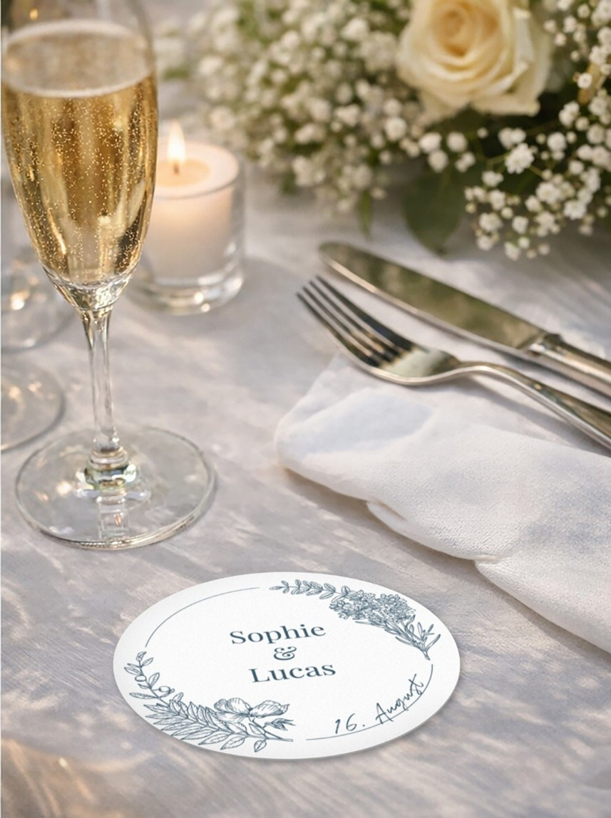 Bierdeckel selbst gestalten als Platzkarte auf einer Hochzeitstafel: runder Bierdeckel mit „Sophie & Lucas“ und Datum neben Sektglas, Besteck und Blumen