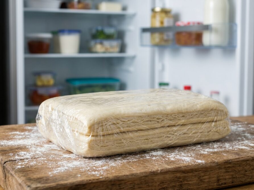 In Frischhaltefolie gewickelte Blätterteigplatte liegt auf einem Holzbrett vor einem geöffneten Kühlschrank