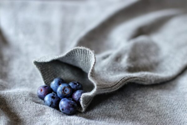 Blaubeeren liegen in einem grauen Ärmel aus Strickstoff