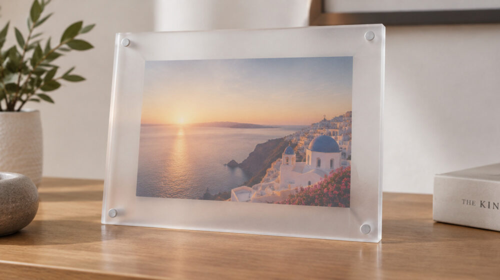 Leicht getrübter Plexiglas-Bilderrahmen auf einem Sideboard