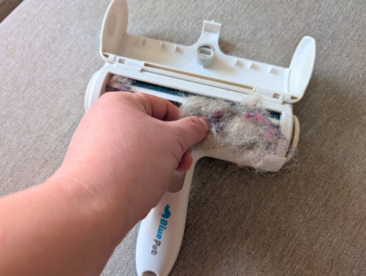 Hand entfernt gesammelte Tierhaare aus der geöffneten Kammer des BluePet RolloTollo