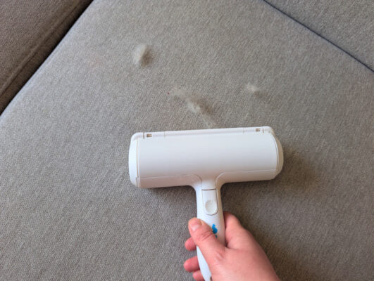 BluePet RolloTollo über grauem Sofa mit sichtbaren Tierhaaren vor der Reinigung