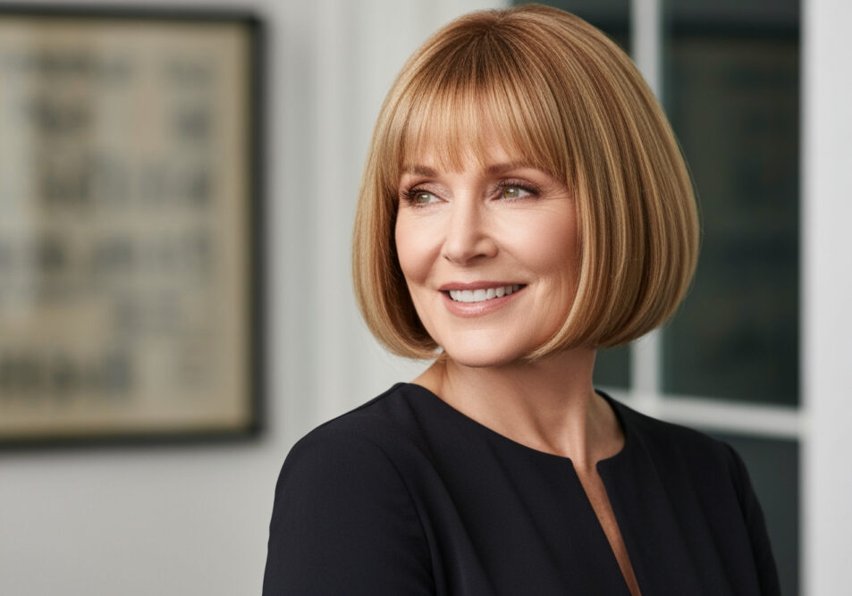 Eleganter Blunt Bob in warmer Haarfarbe bei stilvoller Frau