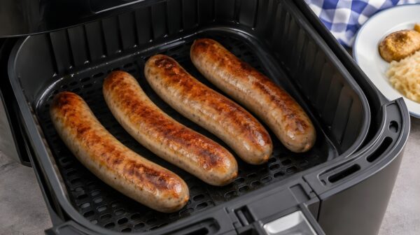 Gebräunte Bratwürste in der Heißluftfritteuse