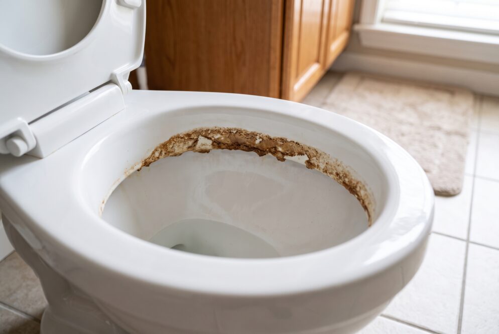 Braune, raue Ablagerung an der Wasserlinie einer weißen WC-Schüssel.