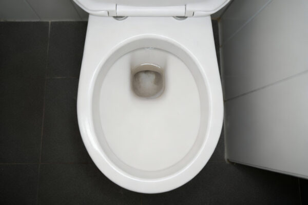 Blick in die Toilettenschüssel mit braunen Ablagerungen unter dem Wasserspiegel, Kalk-/Urinsteinspuren