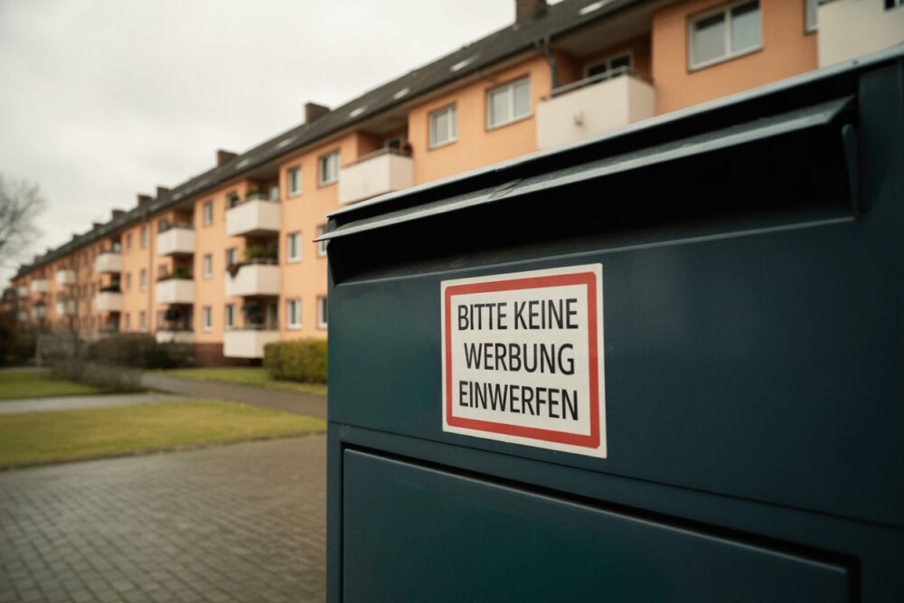 Nahaufnahme eines dunkelgrünen Briefkastens mit einem gut sichtbaren, rot-weißen Aufkleber mit der Aufschrift "BITTE KEINE WERBUNG EINWERFEN". Im unscharfen Hintergrund sind moderne Wohngebäude und eine gepflasterte Straße zu erkennen.