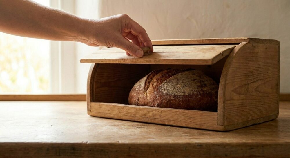 Eine Hand öffnet einen hölzernen Brotkasten, in dem ein frisches Brot liegt.