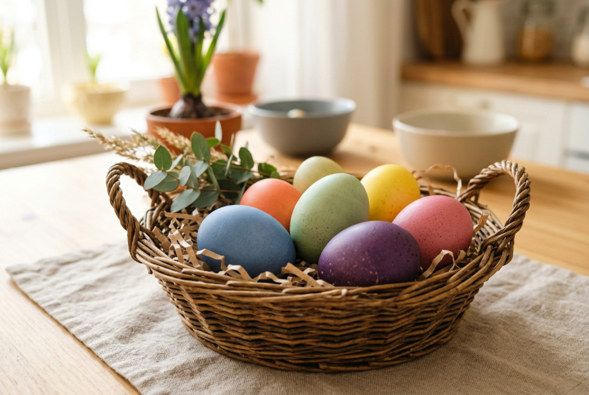 Ein rustikaler Weidenkorb gefüllt mit bunt gefärbten Ostereiern steht auf einem hellen Holztisch in einer sonnigen Küche.