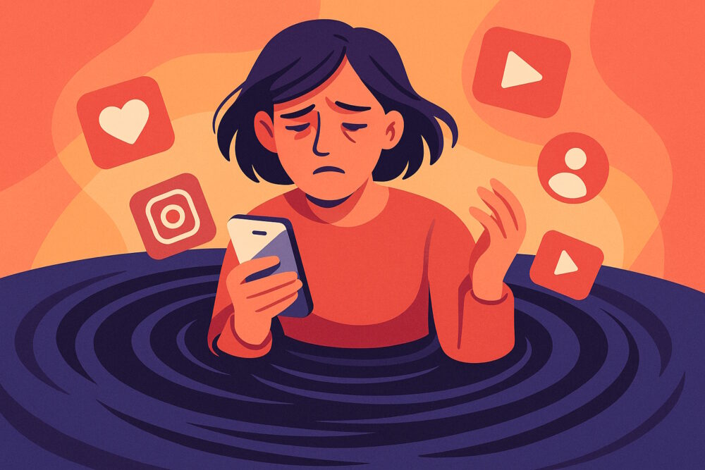 Illustration einer erschöpft wirkenden Frau mit Smartphone, umgeben von Social-Media-Symbolen, die in einem Strudel versinkt.