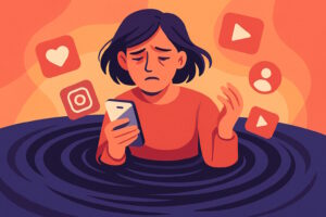 Illustration einer erschöpft wirkenden Frau mit Smartphone, umgeben von Social-Media-Symbolen, die in einem Strudel versinkt.
