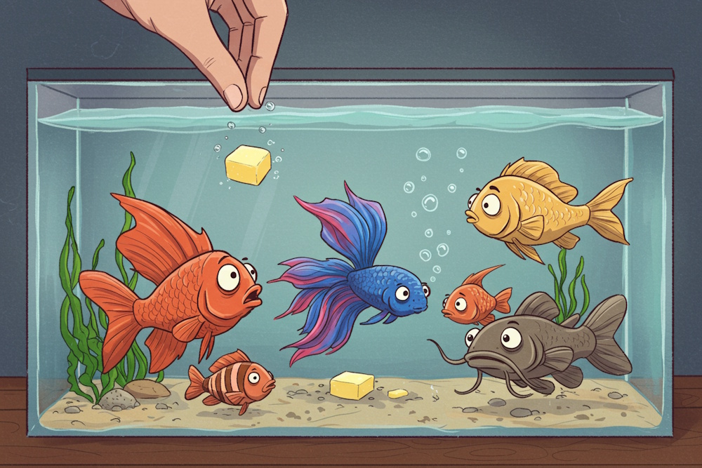 Lustige Illustration: Eine Person wirft ein kleines Stück Butter in ein Aquarium, während verdutzte Fische – darunter ein neugieriger Skalare, ein verwirrter Kampffisch und ein überraschter Wels – das Geschehen beobachten. Einer scheint skeptisch eine Augenbraue zu heben. ‘Butter bei die Fische’ bekommt hier eine ganz neue Bedeutung.