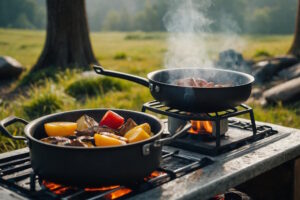 Zwei Pfannen mit Gemüse und Würstchen auf Gasflammen beim Kochen im Freien