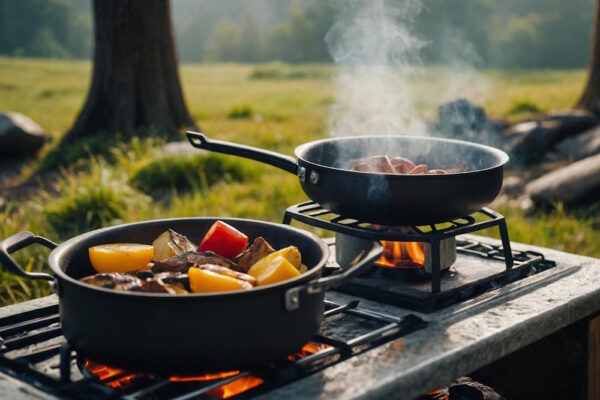 Zwei Pfannen mit Gemüse und Würstchen auf Gasflammen beim Kochen im Freien