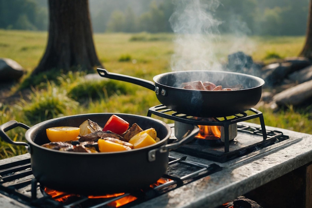 Zwei Pfannen mit Gemüse und Würstchen auf Gasflammen beim Kochen im Freien