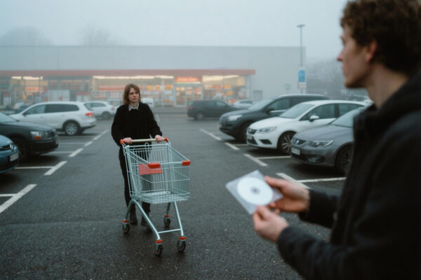 CD-Verkäufer auf dem Supermarktparkplatz spricht eine Person mit Einkaufswagen an und hält eine CD hin, Vordergrund unscharf, nebliger Parkplatz.