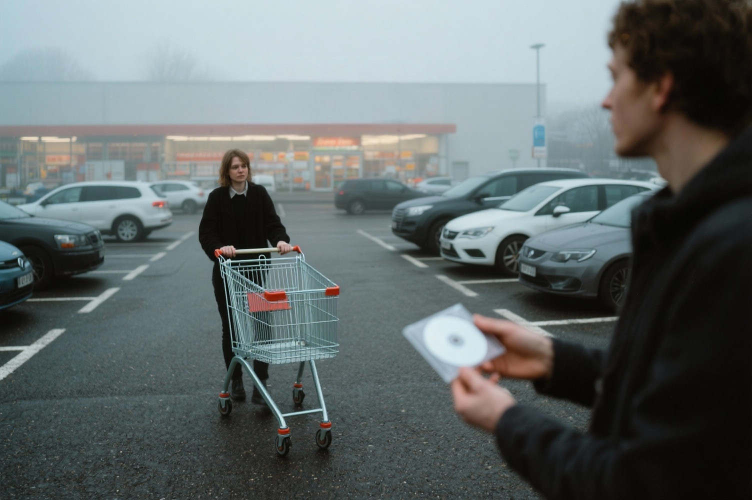 CD-Verkäufer auf dem Supermarktparkplatz spricht eine Person mit Einkaufswagen an und hält eine CD hin, Vordergrund unscharf, nebliger Parkplatz.