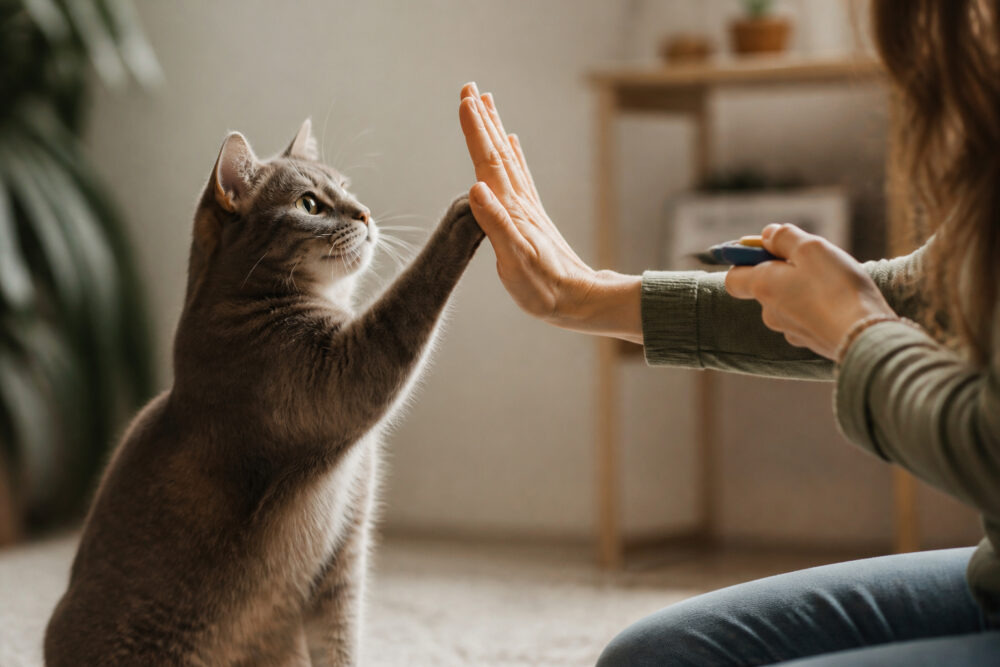 Graue Katze berührt beim Clickertraining die Hand einer Person, die einen Clicker hält