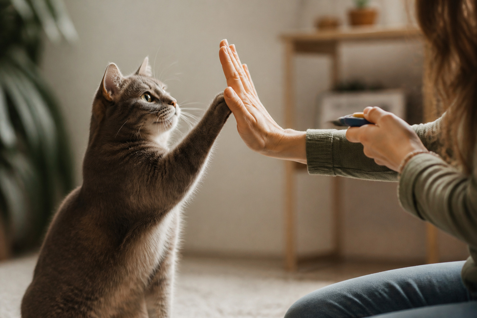 Graue Katze berührt beim Clickertraining die Hand einer Person, die einen Clicker hält