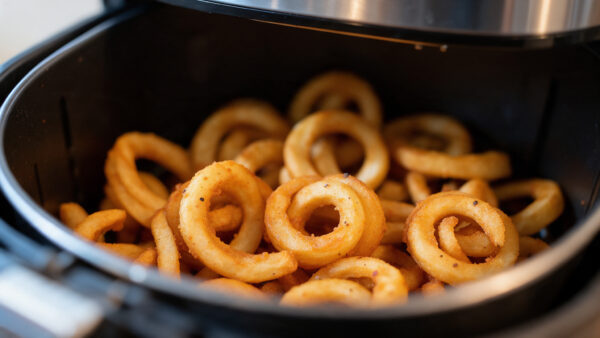 Goldbraune Curly Fries liegen im Korb einer Heißluftfritteuse