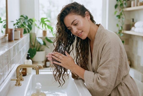 Frau nutzt die CWC-Methode und verteilt vor dem Shampoo Conditioner in ihre nassen Haarlängen