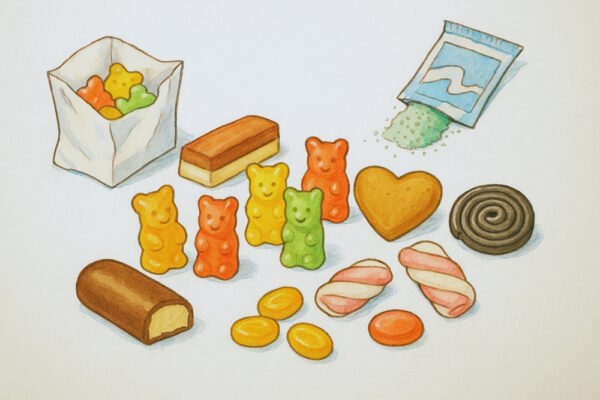 Handgezeichnete Illustration verschiedener deutscher Süßigkeiten auf hellem Hintergrund: Gummibären, Lakritzschnecke, Mäusespeck, Brausepulver, Lebkuchenherz, Bonbons und Schaumzucker in nostalgischer Anordnung.