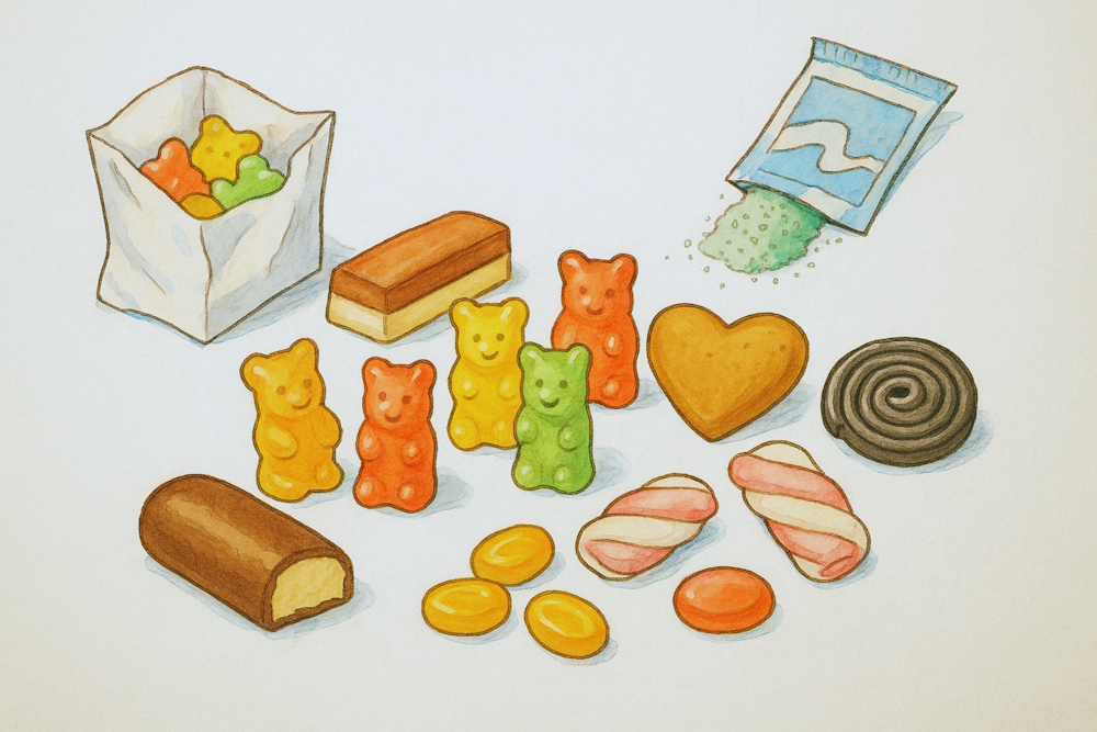 Handgezeichnete Illustration verschiedener deutscher Süßigkeiten auf hellem Hintergrund: Gummibären, Lakritzschnecke, Mäusespeck, Brausepulver, Lebkuchenherz, Bonbons und Schaumzucker in nostalgischer Anordnung.