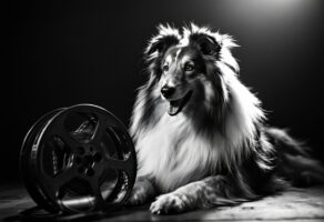 Ein Collie posiert neben einer Filmrolle in einem stilvollen Schwarz-Weiß-Foto. Das Bild illustriert das Thema 'Die 10 berühmtesten Hunde der Welt' und verweist auf ikonische Hunde aus Film und Fernsehen.