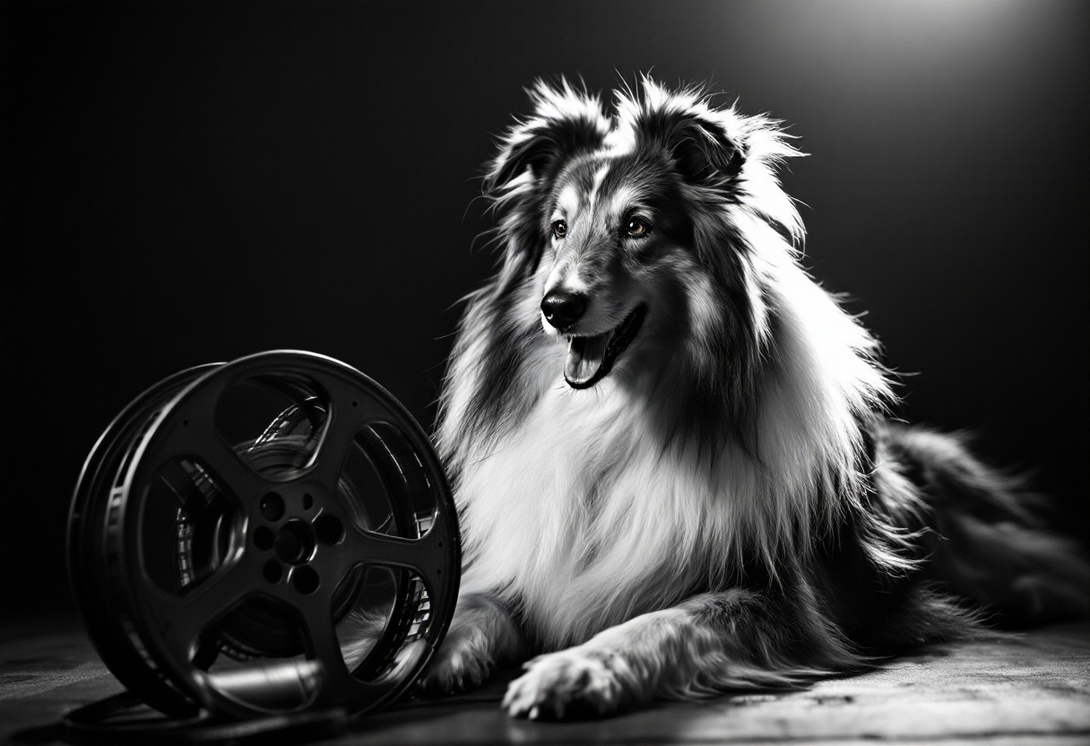 Ein Collie posiert neben einer Filmrolle in einem stilvollen Schwarz-Weiß-Foto. Das Bild illustriert das Thema 'Die 10 berühmtesten Hunde der Welt' und verweist auf ikonische Hunde aus Film und Fernsehen.