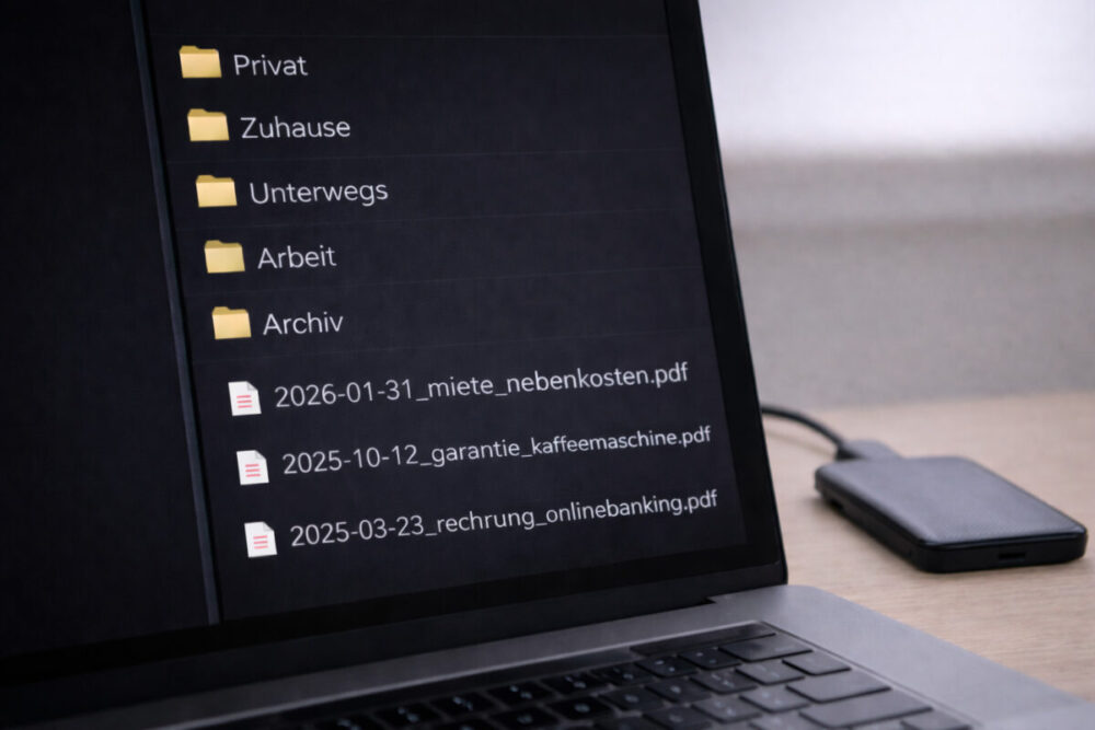 Digitale Dokumente organisieren mit Ordnerstruktur und klaren Dateinamen am Laptop