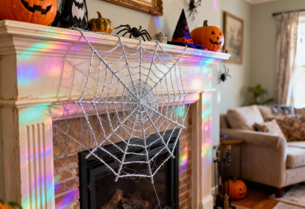 Ein großes, selbstgemachtes Spinnennetz aus silbriger Wolle hängt als Halloween-Dekoration an einem weißen Kaminsims. Darauf stehen kleine Kürbisse, Spinnen und Hexenhüte. Ein Lichteffekt wirft Regenbogenfarben auf den Kamin.