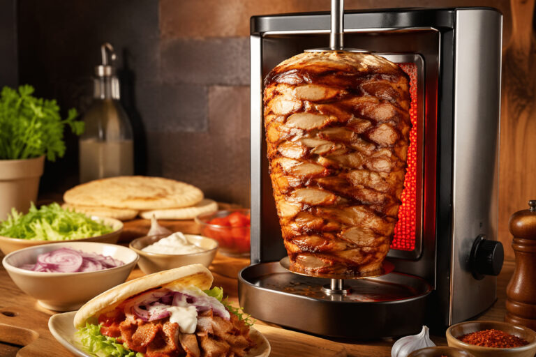 Selbstgemachter Dönerspieß auf einem Mini-Drehspieß mit Fladenbrot, Sauce, Salat, roten Zwiebeln und Gewürzen in der Küche