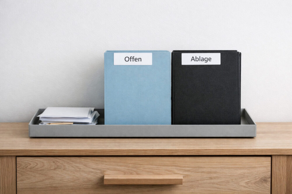 Dokumente zuhause ordnen mit Landestelle und Mappen für Offen und Ablage