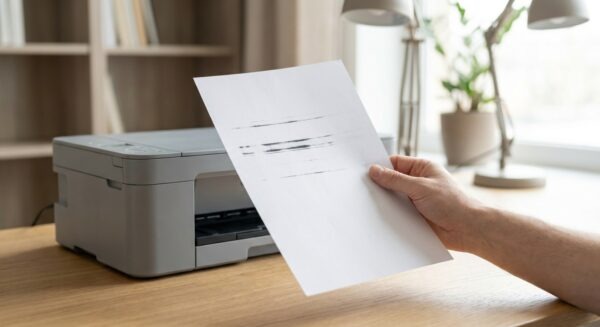 Eine Hand hält ein Blatt Papier mit deutlich sichtbaren, horizontalen schwarzen Streifen vor einem modernen Tintenstrahldrucker auf einem hellen Holzschreibtisch.