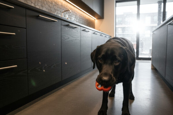Schwarzer Hund steht in moderner Küche und hält ein kleines Stück rote Paprika im Maul