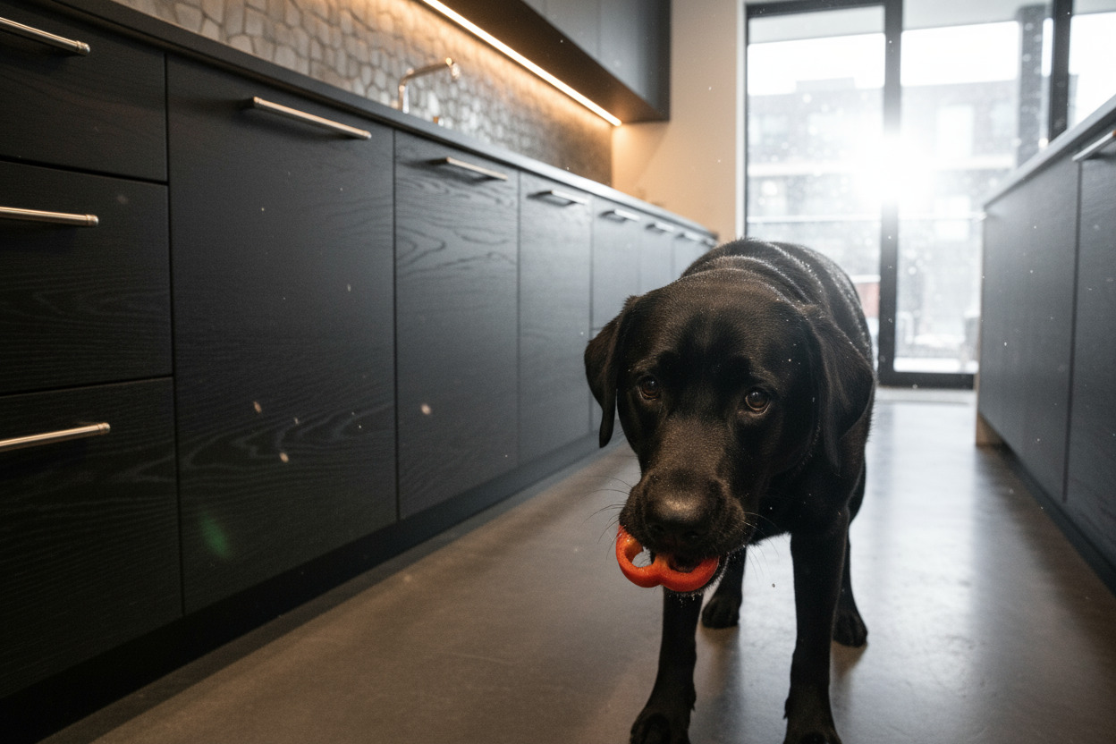 Schwarzer Hund steht in moderner Küche und hält ein kleines Stück rote Paprika im Maul