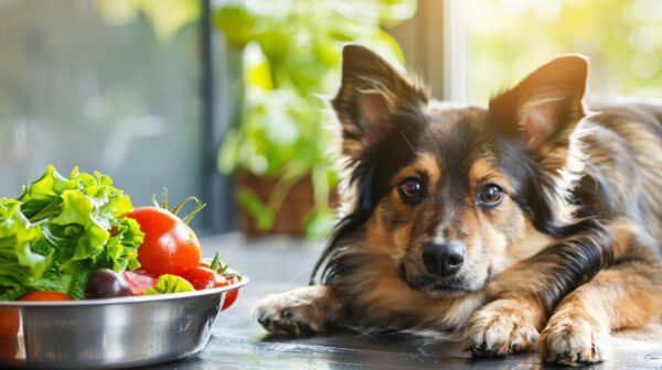 Hund neben einer Schüssel mit reifen Tomaten und Salat