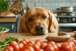 Ein Hund liegt mit dem Kopf auf dem Tisch, auf dem Tomaten liegen, doch darf er die essen?