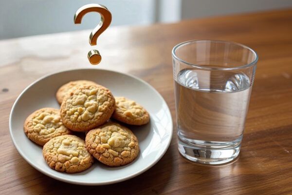 Ein Teller mit 5 Keksen, ein Glas Wasser und ein Fragezeichen, symbolisch für Hunger oder Durst