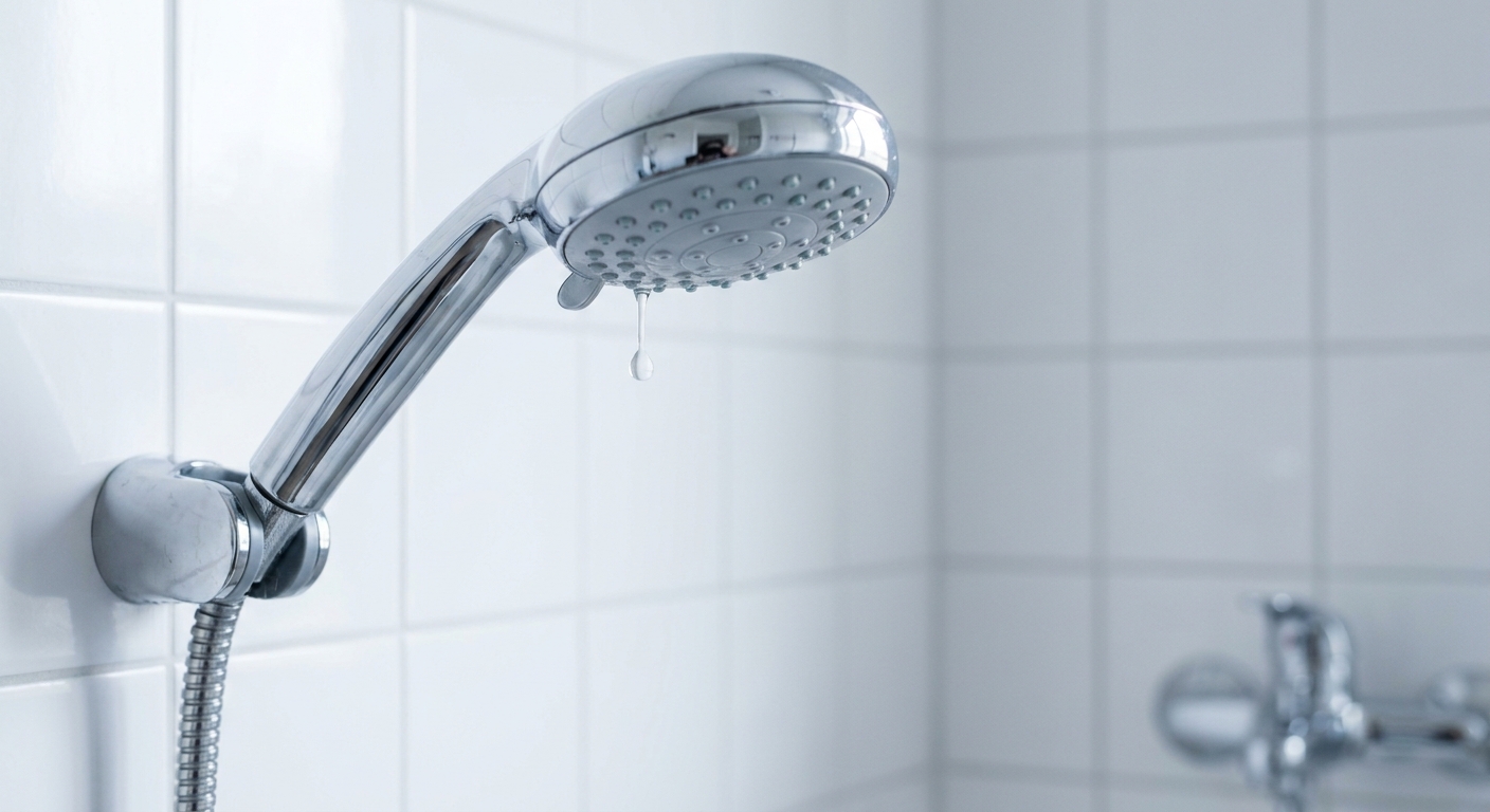 Ein moderner Duschkopf aus Chrom, montiert in einem weiß gefliesten Bad, aus dessen Düsen ein einzelner Wassertropfen langsam fällt.