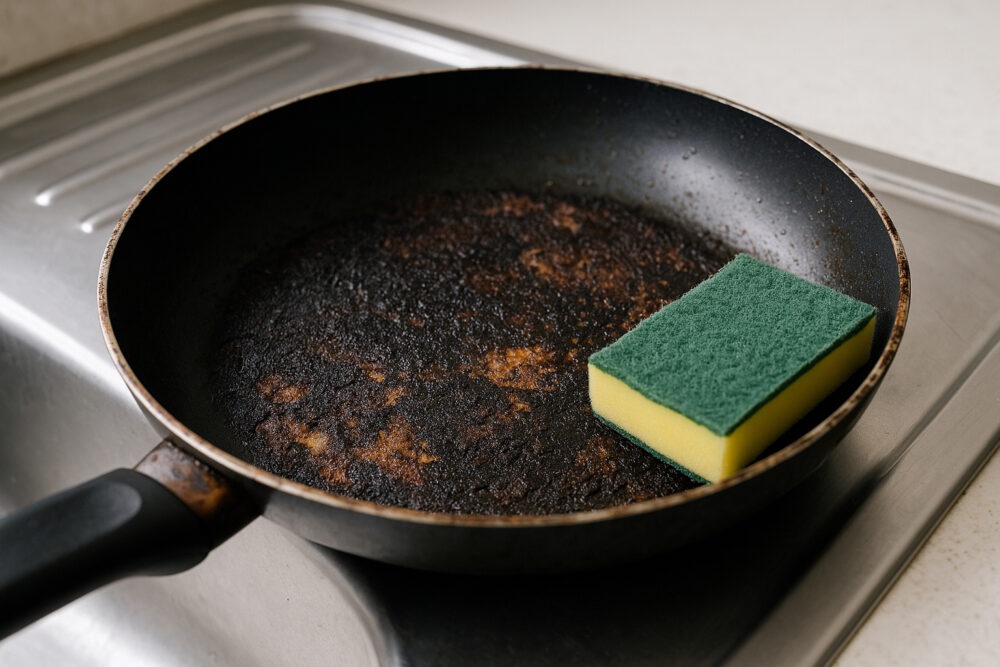 Eingebrannte Pfanne mit angebrannten Rückständen und einem grünen Reinigungsschwamm auf dem Pfannenboden.