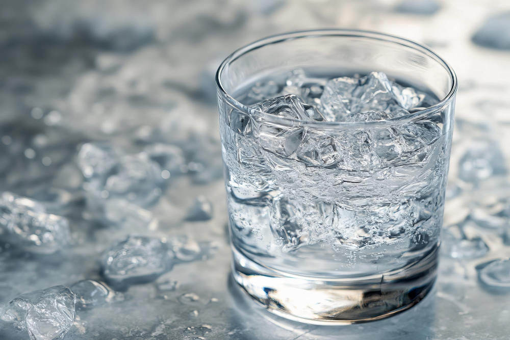 Glas Wasser mit Eiswürfeln auf einer kalten Oberfläche