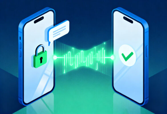 Ende-zu-Ende-Verschlüsselung: Zwei Smartphones mit Schloss- und Haken-Symbol, verbunden als Symbol für sichere Nachrichten.