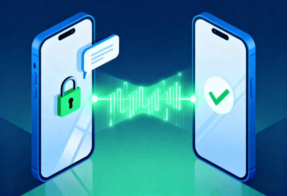 Ende-zu-Ende-Verschlüsselung: Zwei Smartphones mit Schloss- und Haken-Symbol, verbunden als Symbol für sichere Nachrichten.