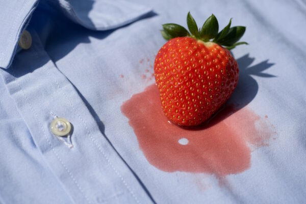 Erdbeere auf hellblauem Hemd mit frischem Erdbeerfleck darunter.