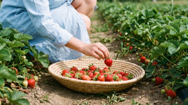 Eine Person legt frisch gepflückte Erdbeeren in einen flachen Korb auf dem Erdbeerfeld