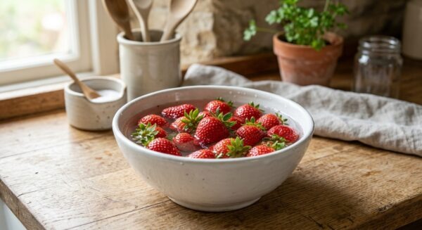 Frische Erdbeeren schwimmen in einer Schüssel mit Wasser.