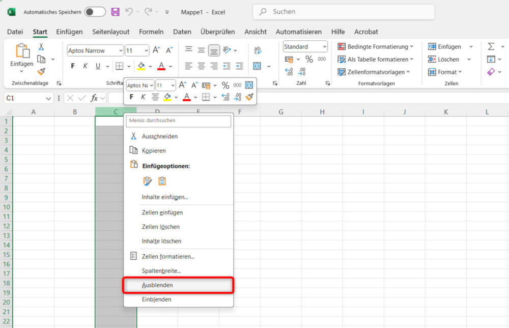 n Screenshot von Excel, der das Rechtsklick-Kontextmenü für markierte Spalten zeigt, wobei die Option "Ausblenden" mit einem roten Kasten hervorgehoben ist.