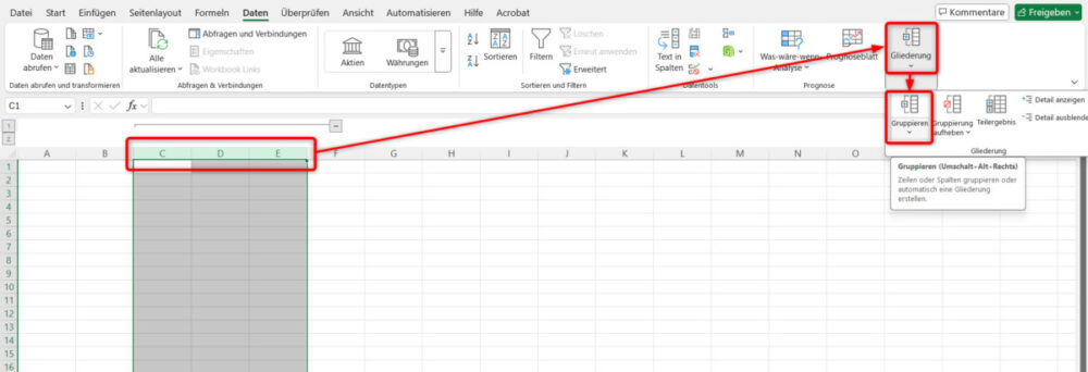 Ein Screenshot von Excel, der den Weg zum Gruppieren von Spalten zeigt. Rote Kästen und Pfeile markieren die ausgewählten Spalten C bis E und führen oben über den Reiter Daten zur Funktion Gruppieren in der Gruppe Gliederung.