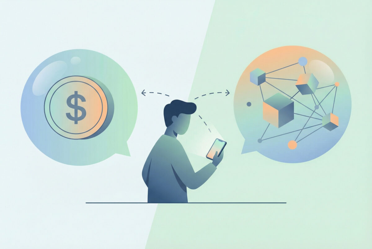 Illustration: Person mit Smartphone zwischen „zahlen“ und datenbasierter Werbung - Facebook „Pay or okay“ erklärt